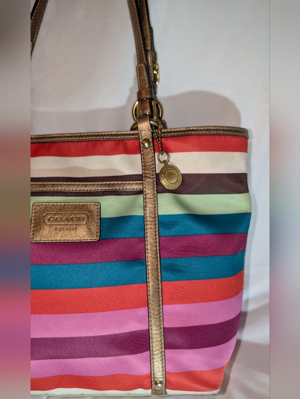 COACH LEGACY SATEEN STRIPE MEDIUM TOTE RARE MULTICOLOR GUC - Picture 4 of 16